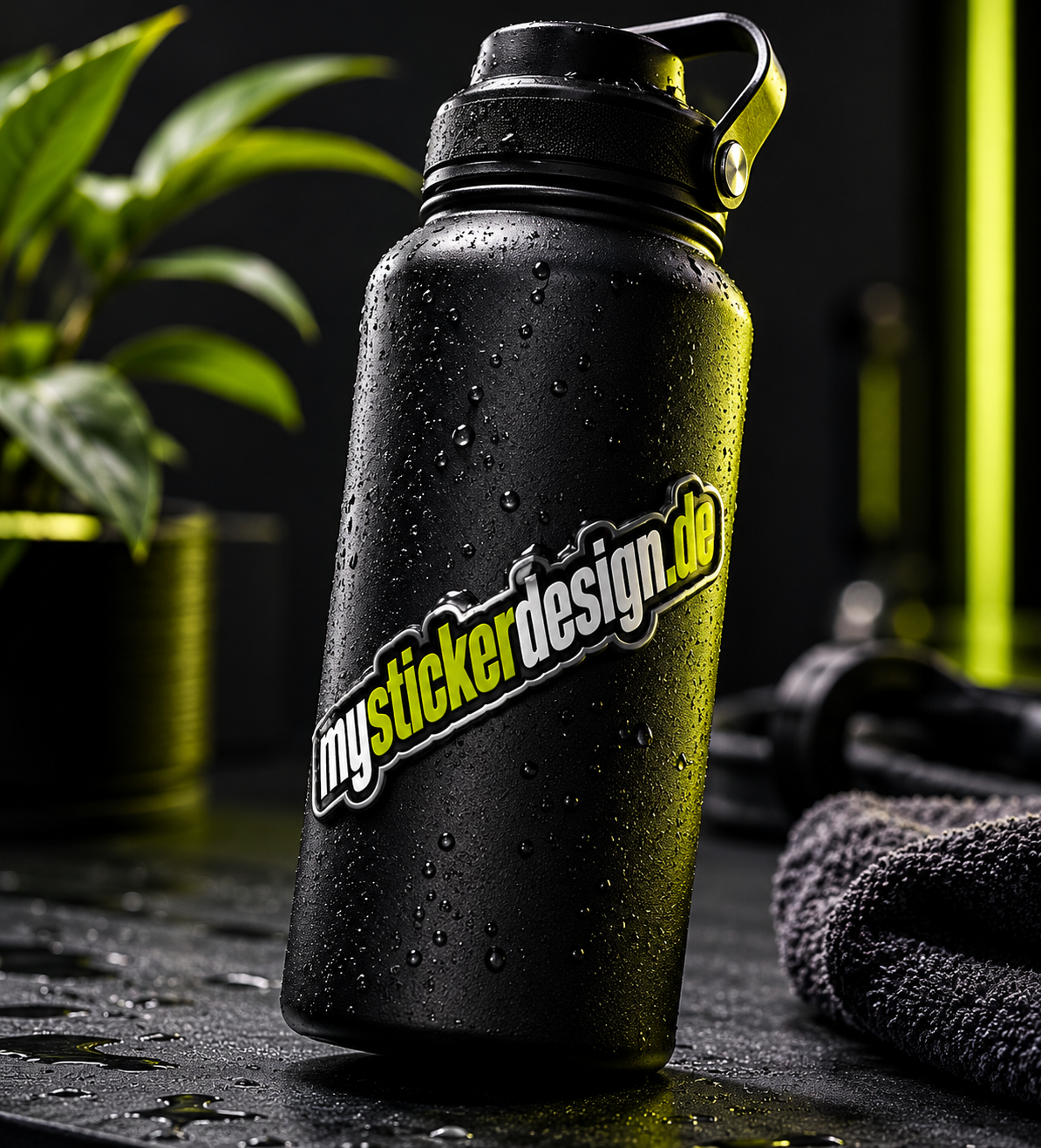 Freiform Sticker auf Sportflasche – individueller Aufkleber ohne weißen Rand