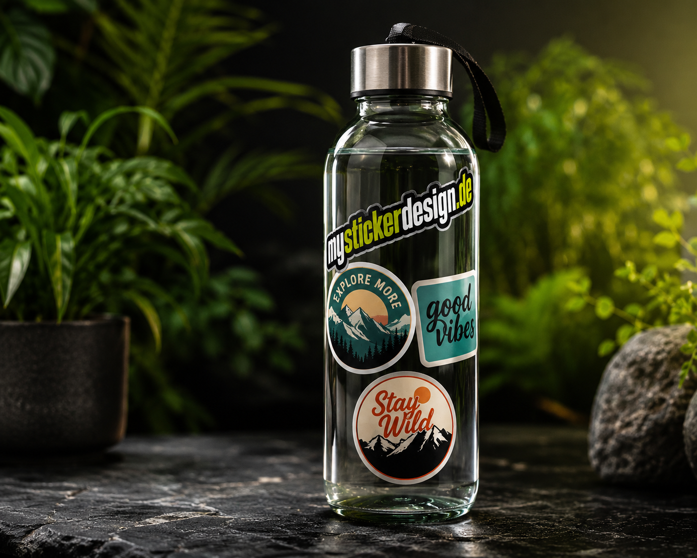 Vinyl Aufkleber auf Glasflasche – wetterfest, spülmaschinenfest und UV-beständig bestellen